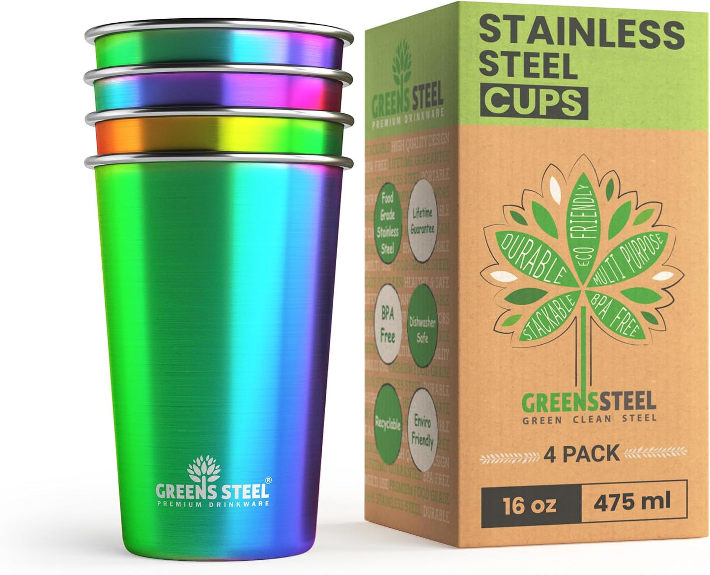 Stainless Steel Cups 10oz Tumbler (4 Pack) - Premium Metal Drinking Glasses | Stackable Durable Cup (10 oz)
