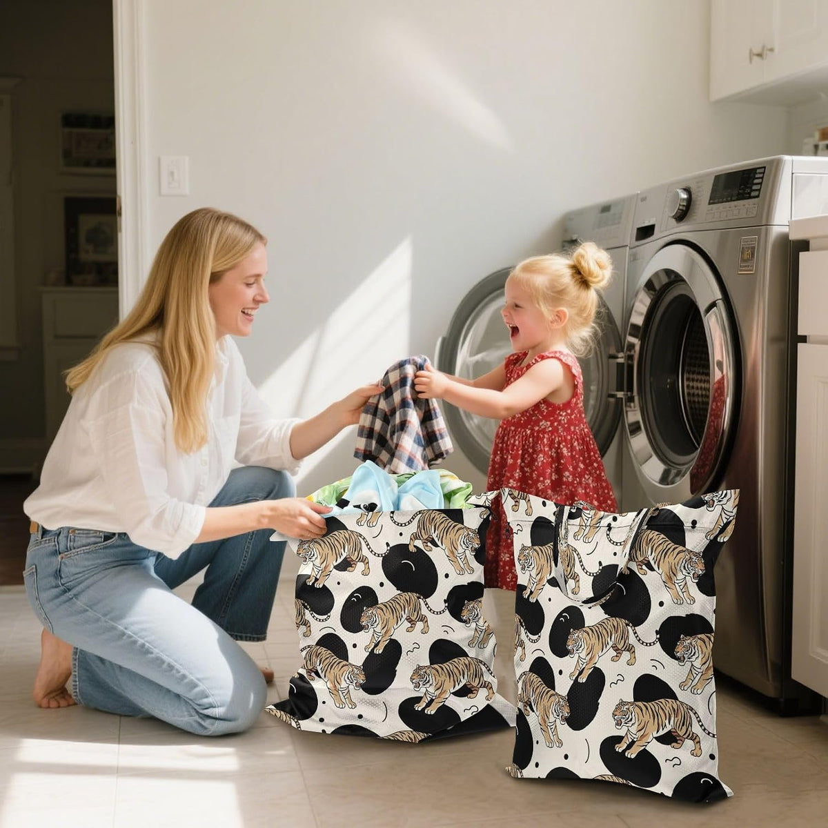 Tigers White Waterproof Travel Laundry Bag Reusable Pack of 2