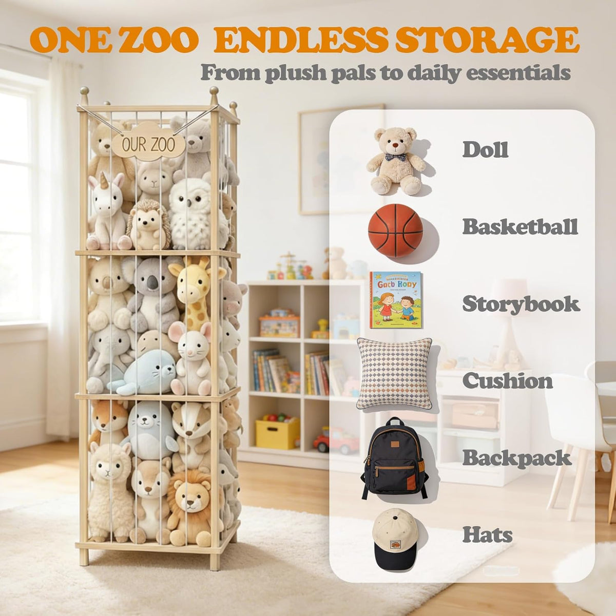 Stuffed Animal Storage, 54" Toy Organizer Tower, Anti-Tip Design