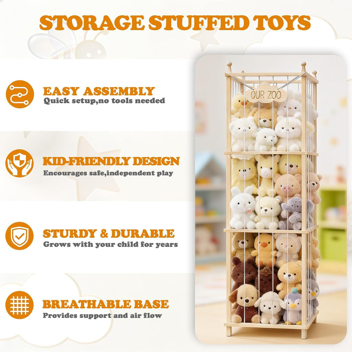 Stuffed Animal Storage, 54" Toy Organizer Tower, Anti-Tip Design