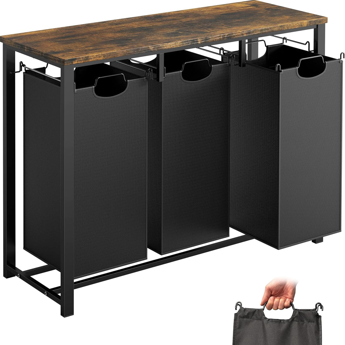 3-Section Laundry Sorter w/Tabletop Shelf, Rustic Brown