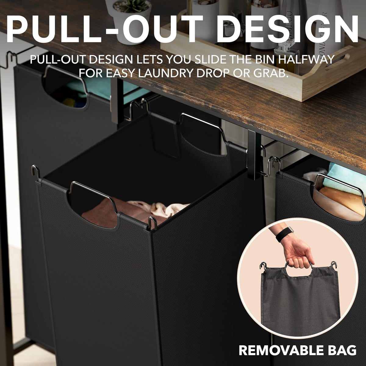 3-Section Laundry Sorter w/Tabletop Shelf, Rustic Brown