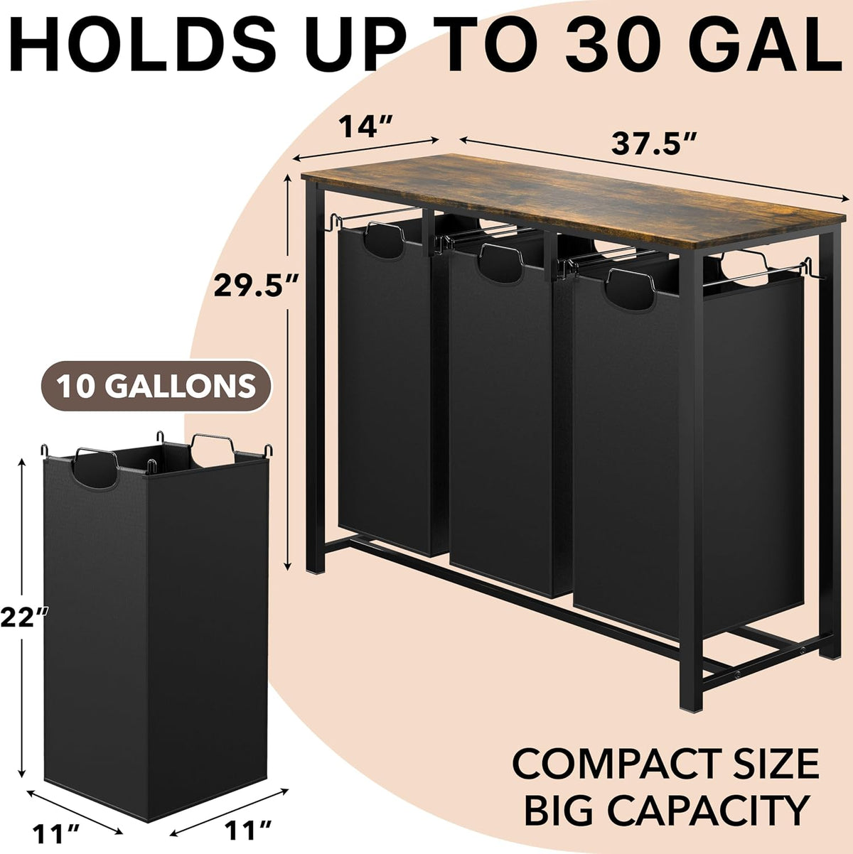 3-Section Laundry Sorter w/Tabletop Shelf, Rustic Brown