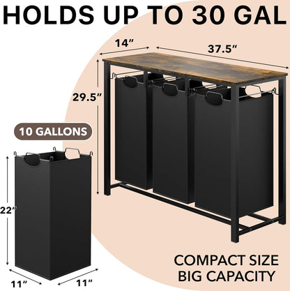 3-Section Laundry Sorter w/Tabletop Shelf, Rustic Brown