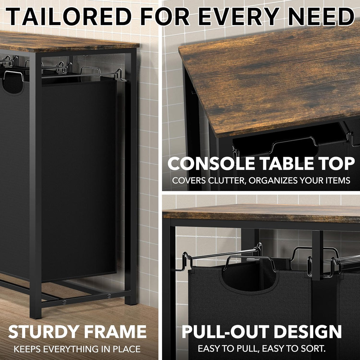 3-Section Laundry Sorter w/Tabletop Shelf, Rustic Brown