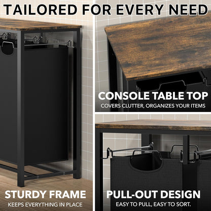 3-Section Laundry Sorter w/Tabletop Shelf, Rustic Brown