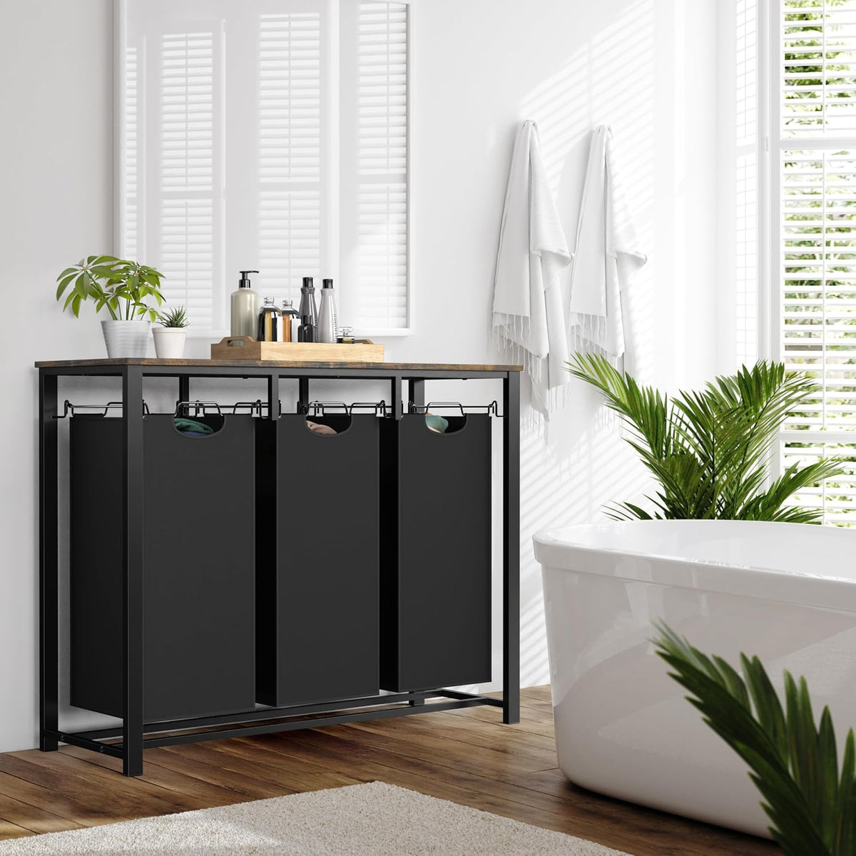3-Section Laundry Sorter w/Tabletop Shelf, Rustic Brown