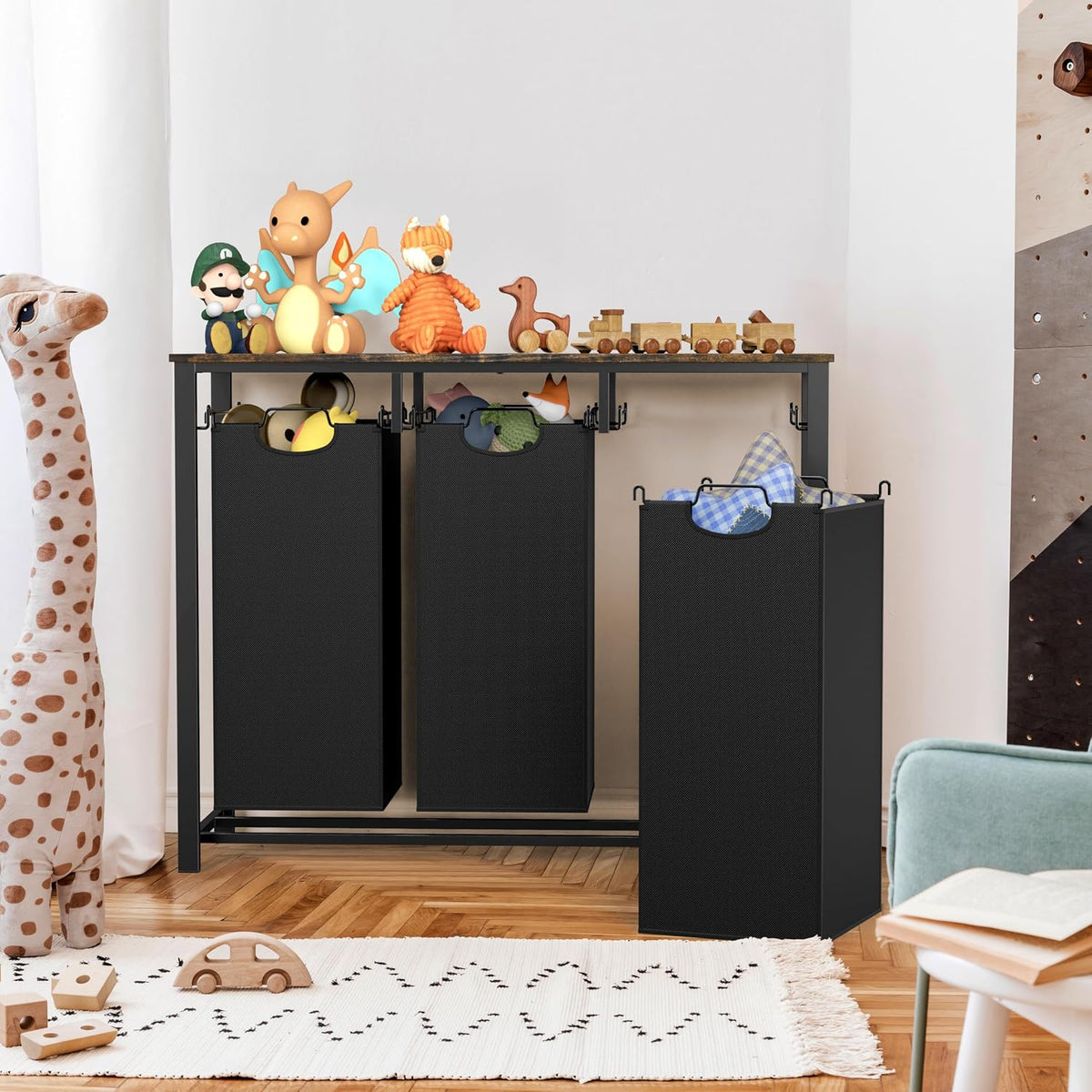 3-Section Laundry Sorter w/Tabletop Shelf, Rustic Brown
