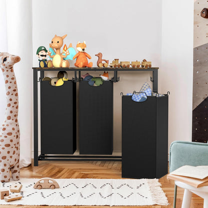 3-Section Laundry Sorter w/Tabletop Shelf, Rustic Brown