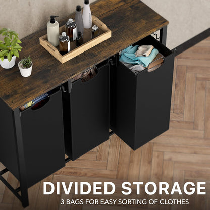 3-Section Laundry Sorter w/Tabletop Shelf, Rustic Brown