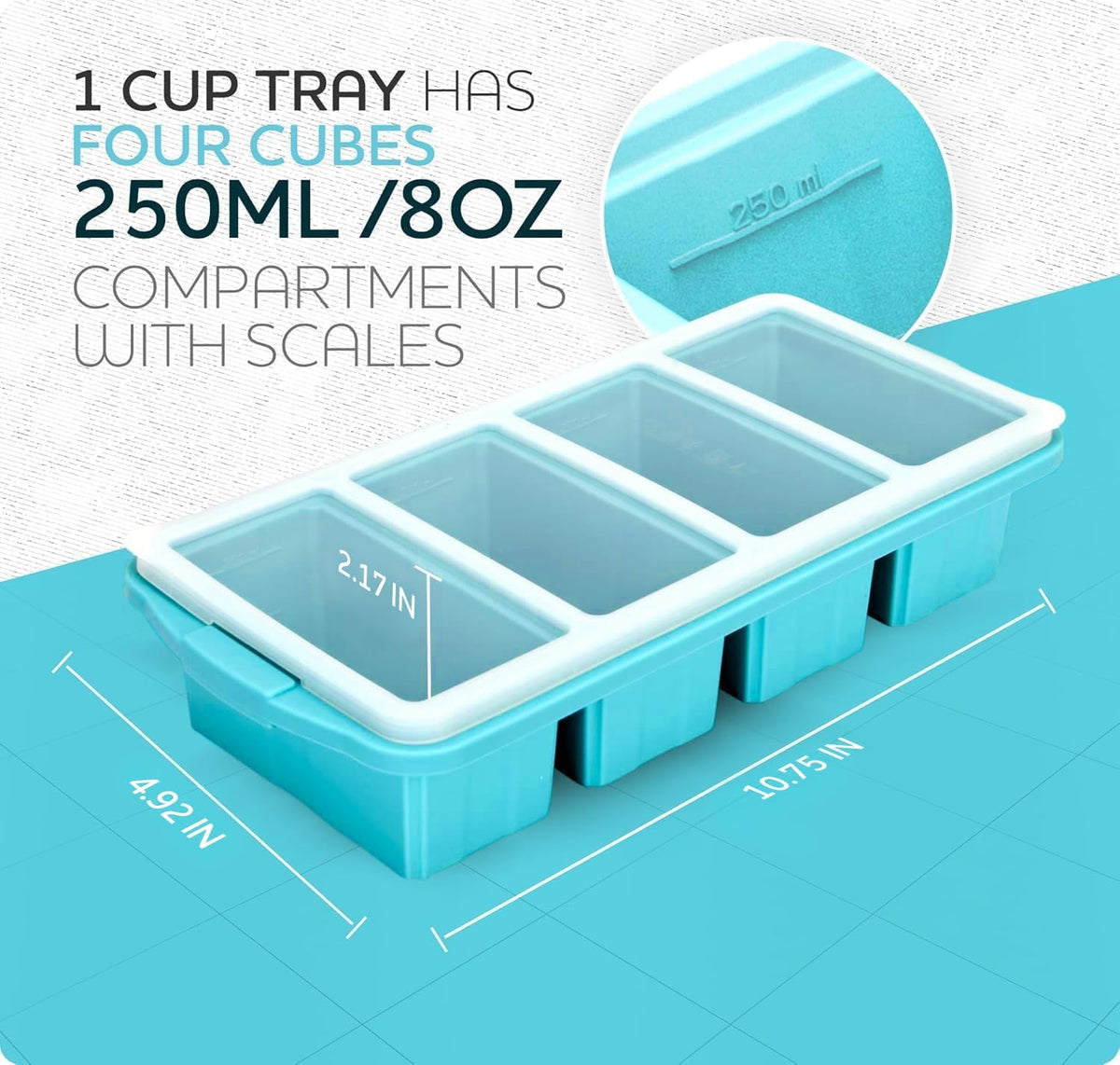 Silicone Freezer Tray With Lid-Soup Freezer Container molds-Large Ice Cube Tray Set Makes 1-Cup & 1/2-Cup portions cubes Perfect for preparing meals in different portion sizes Oven & Dishwasher -Safe