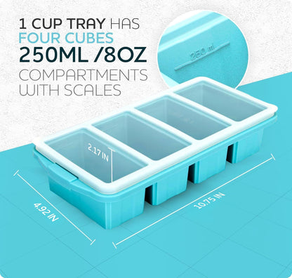 Silicone Freezer Tray With Lid-Soup Freezer Container molds-Large Ice Cube Tray Set Makes 1-Cup & 1/2-Cup portions cubes Perfect for preparing meals in different portion sizes Oven & Dishwasher -Safe