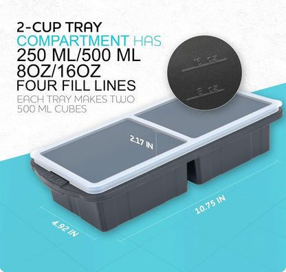 Silicone Freezer Tray With Lid-Soup Freezer Container molds-Large Ice Cube Tray Set Makes 1-Cup & 1/2-Cup portions cubes Perfect for preparing meals in different portion sizes Oven & Dishwasher -Safe