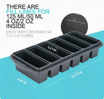 Silicone Freezer Tray With Lid-Soup Freezer Container molds-Large Ice Cube Tray Set Makes 1-Cup & 1/2-Cup portions cubes Perfect for preparing meals in different portion sizes Oven & Dishwasher -Safe