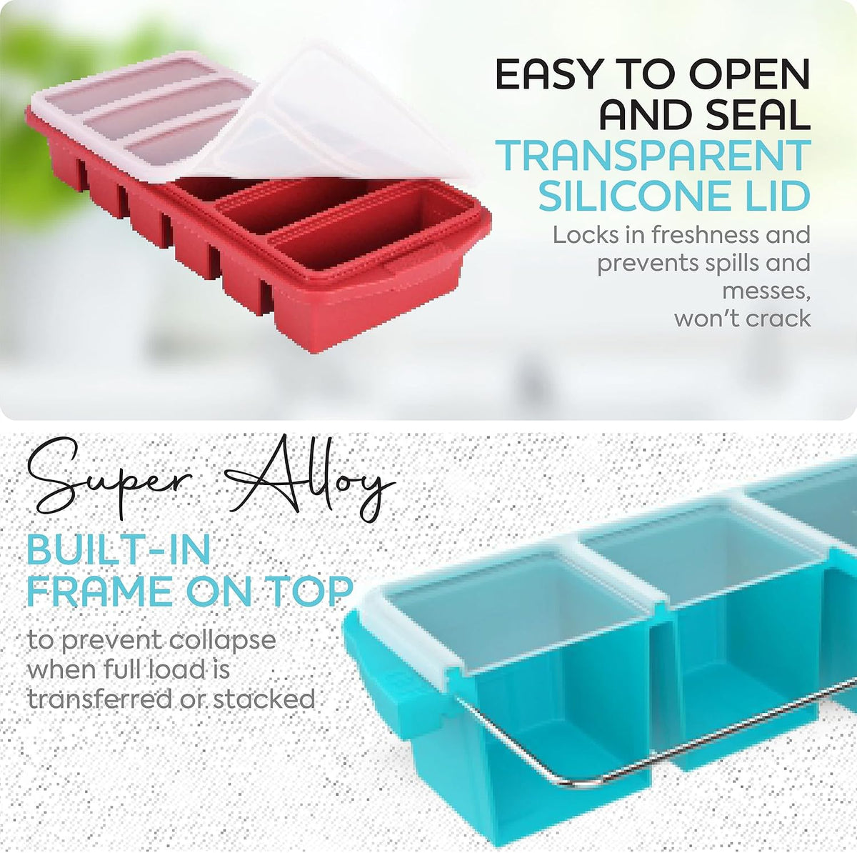 Silicone Freezer Tray With Lid-Soup Freezer Container molds-Large Ice Cube Tray Set Makes 1-Cup & 1/2-Cup portions cubes Perfect for preparing meals in different portion sizes Oven & Dishwasher -Safe