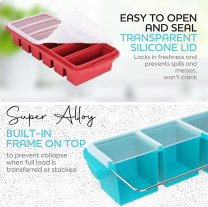 Silicone Freezer Tray With Lid-Soup Freezer Container molds-Large Ice Cube Tray Set Makes 1-Cup & 1/2-Cup portions cubes Perfect for preparing meals in different portion sizes Oven & Dishwasher -Safe