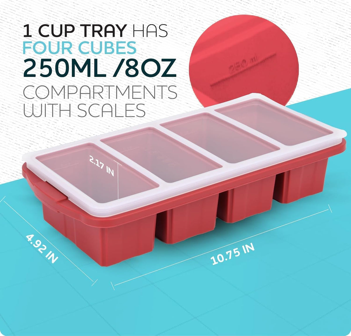 Silicone Freezer Tray With Lid-Soup Freezer Container molds-Large Ice Cube Tray Set Makes 1-Cup & 1/2-Cup portions cubes Perfect for preparing meals in different portion sizes Oven & Dishwasher -Safe