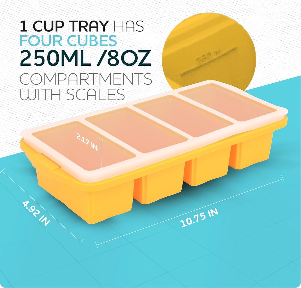 Silicone Freezer Tray With Lid-Soup Freezer Container molds-Large Ice Cube Tray Set Makes 1-Cup & 1/2-Cup portions cubes Perfect for preparing meals in different portion sizes Oven & Dishwasher -Safe