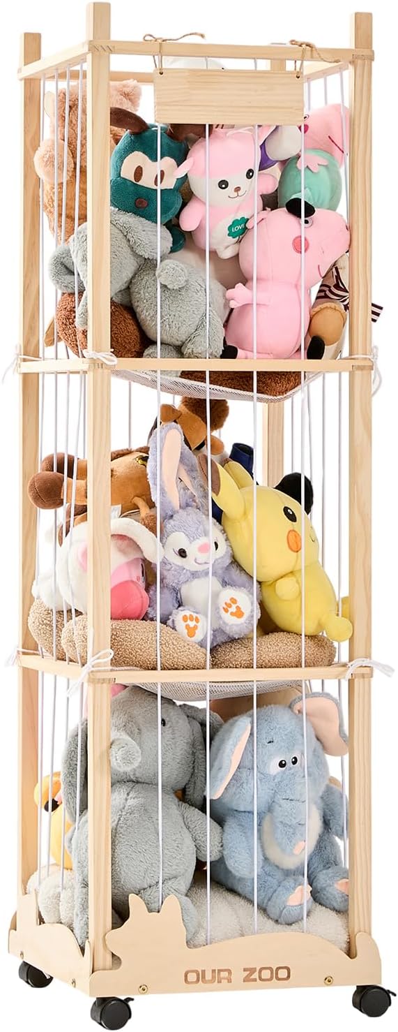 56In Animal Storage Zoo Tower with Wheels, Large Wooden Stuffed Animal Organizer with Elastic Band & Mesh Bottom, Toy Storage for Plushies in Playroom, Bedroom, Nursery