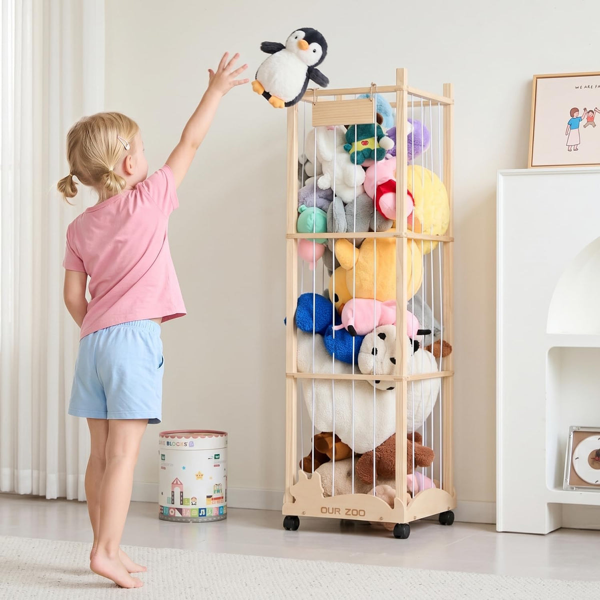 56In Animal Storage Zoo Tower with Wheels, Large Wooden Stuffed Animal Organizer with Elastic Band & Mesh Bottom, Toy Storage for Plushies in Playroom, Bedroom, Nursery