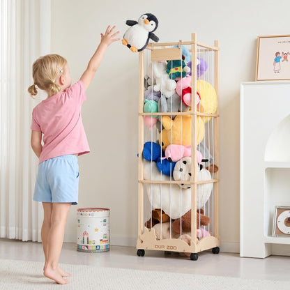 56In Animal Storage Zoo Tower with Wheels, Large Wooden Stuffed Animal Organizer with Elastic Band & Mesh Bottom, Toy Storage for Plushies in Playroom, Bedroom, Nursery