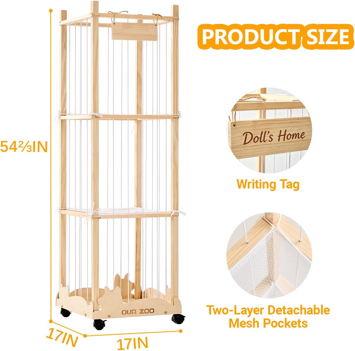 56In Animal Storage Zoo Tower with Wheels, Large Wooden Stuffed Animal Organizer with Elastic Band & Mesh Bottom, Toy Storage for Plushies in Playroom, Bedroom, Nursery