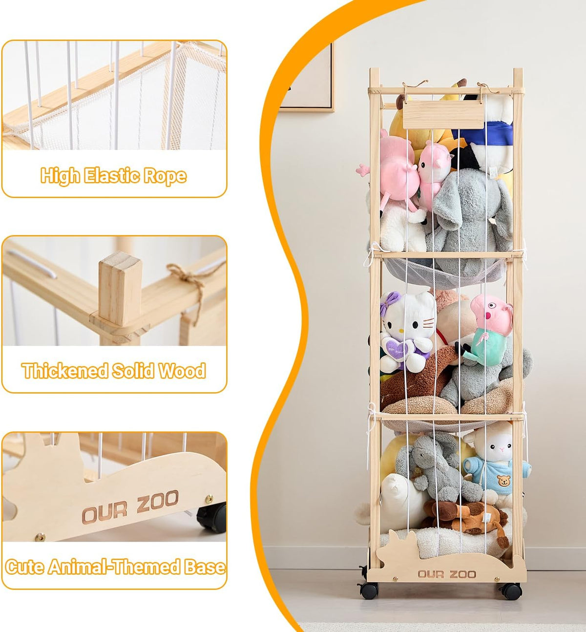 56In Animal Storage Zoo Tower with Wheels, Large Wooden Stuffed Animal Organizer with Elastic Band & Mesh Bottom, Toy Storage for Plushies in Playroom, Bedroom, Nursery