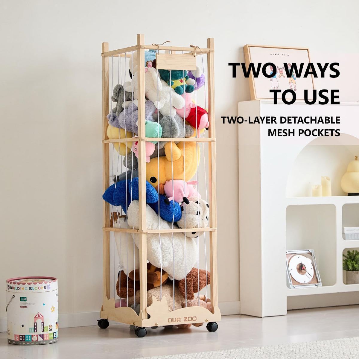 56In Animal Storage Zoo Tower with Wheels, Large Wooden Stuffed Animal Organizer with Elastic Band & Mesh Bottom, Toy Storage for Plushies in Playroom, Bedroom, Nursery