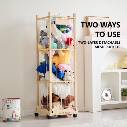 56In Animal Storage Zoo Tower with Wheels, Large Wooden Stuffed Animal Organizer with Elastic Band & Mesh Bottom, Toy Storage for Plushies in Playroom, Bedroom, Nursery