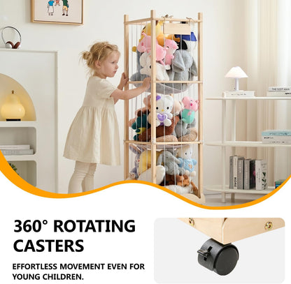 56In Animal Storage Zoo Tower with Wheels, Large Wooden Stuffed Animal Organizer with Elastic Band & Mesh Bottom, Toy Storage for Plushies in Playroom, Bedroom, Nursery
