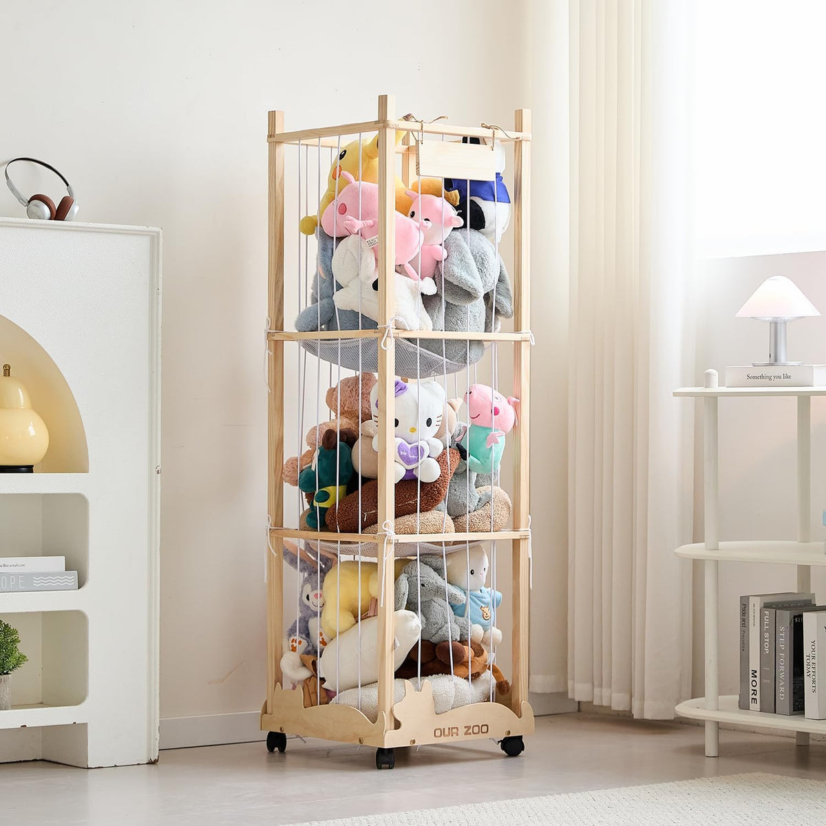 56In Animal Storage Zoo Tower with Wheels, Large Wooden Stuffed Animal Organizer with Elastic Band & Mesh Bottom, Toy Storage for Plushies in Playroom, Bedroom, Nursery