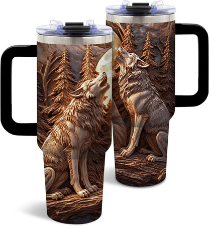 Wolf Tumbler 40oz, Insulated Wolf Cup Gifts for Man | Wolves Tumbler with Pine Trees Leakproof, Animal Print Water Bottle for Dad, Fathers Day Ideal Gifts for Wolf Lovers, 1 Pack