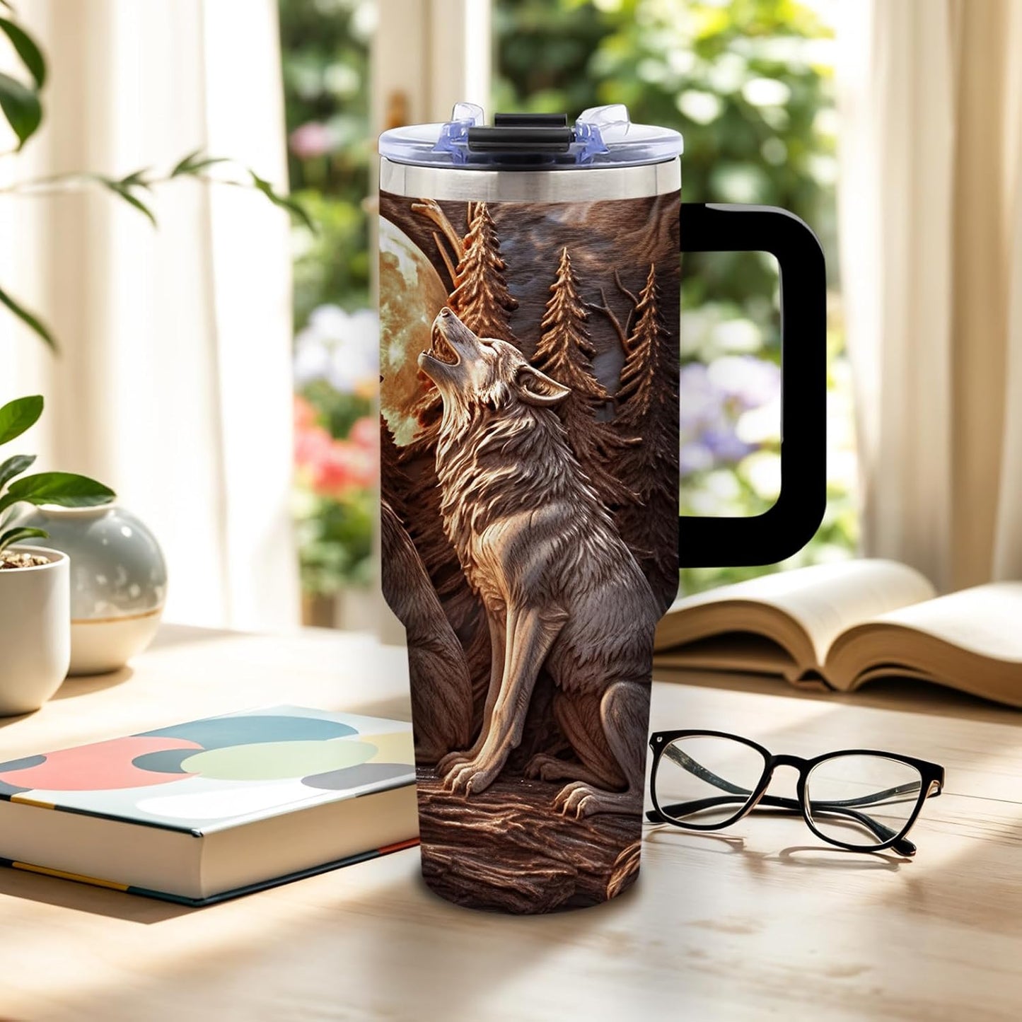 Wolf Tumbler 40oz, Insulated Wolf Cup Gifts for Man | Wolves Tumbler with Pine Trees Leakproof, Animal Print Water Bottle for Dad, Fathers Day Ideal Gifts for Wolf Lovers, 1 Pack
