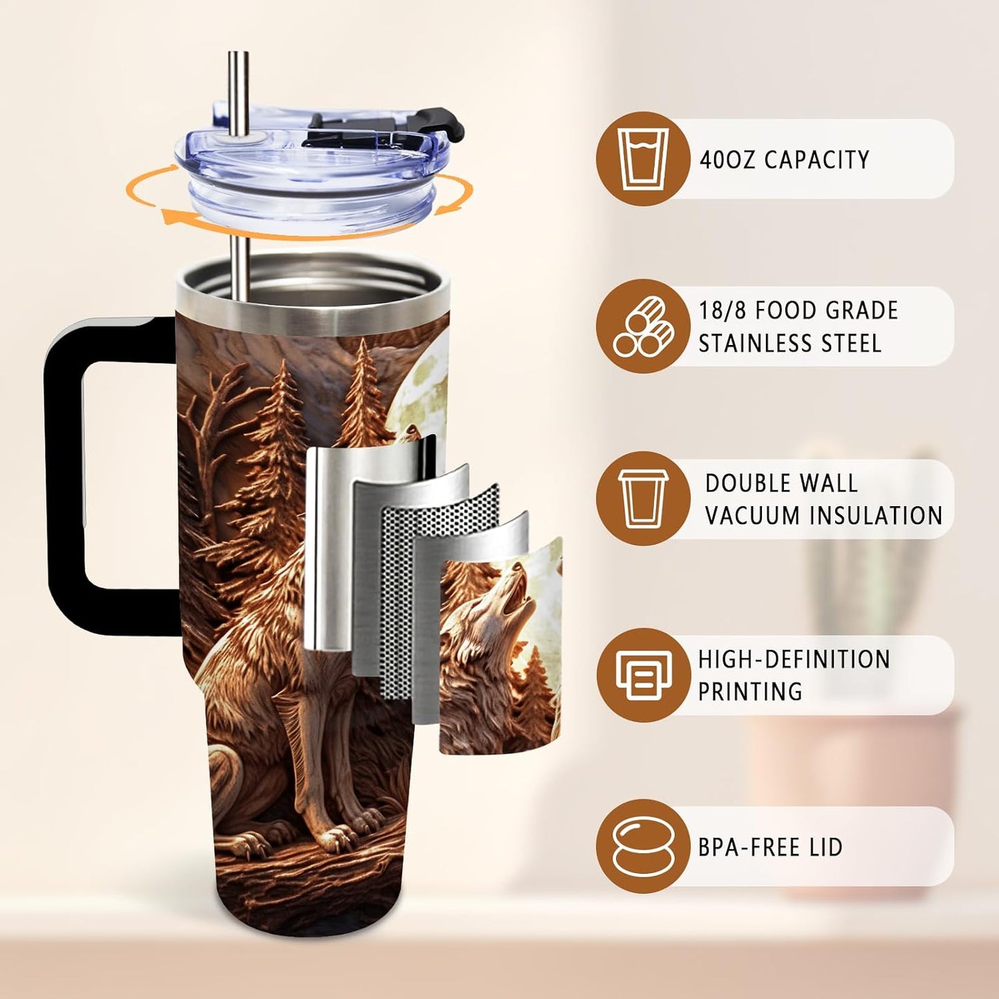 Wolf Tumbler 40oz, Insulated Wolf Cup Gifts for Man | Wolves Tumbler with Pine Trees Leakproof, Animal Print Water Bottle for Dad, Fathers Day Ideal Gifts for Wolf Lovers, 1 Pack