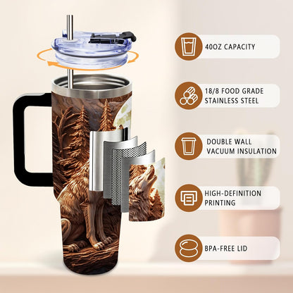 Wolf Tumbler 40oz, Insulated Wolf Cup Gifts for Man | Wolves Tumbler with Pine Trees Leakproof, Animal Print Water Bottle for Dad, Fathers Day Ideal Gifts for Wolf Lovers, 1 Pack