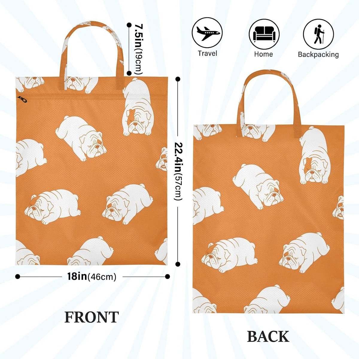 Bulldog Dog Orange Waterproof Travel Laundry Bag Washable 2 Pack