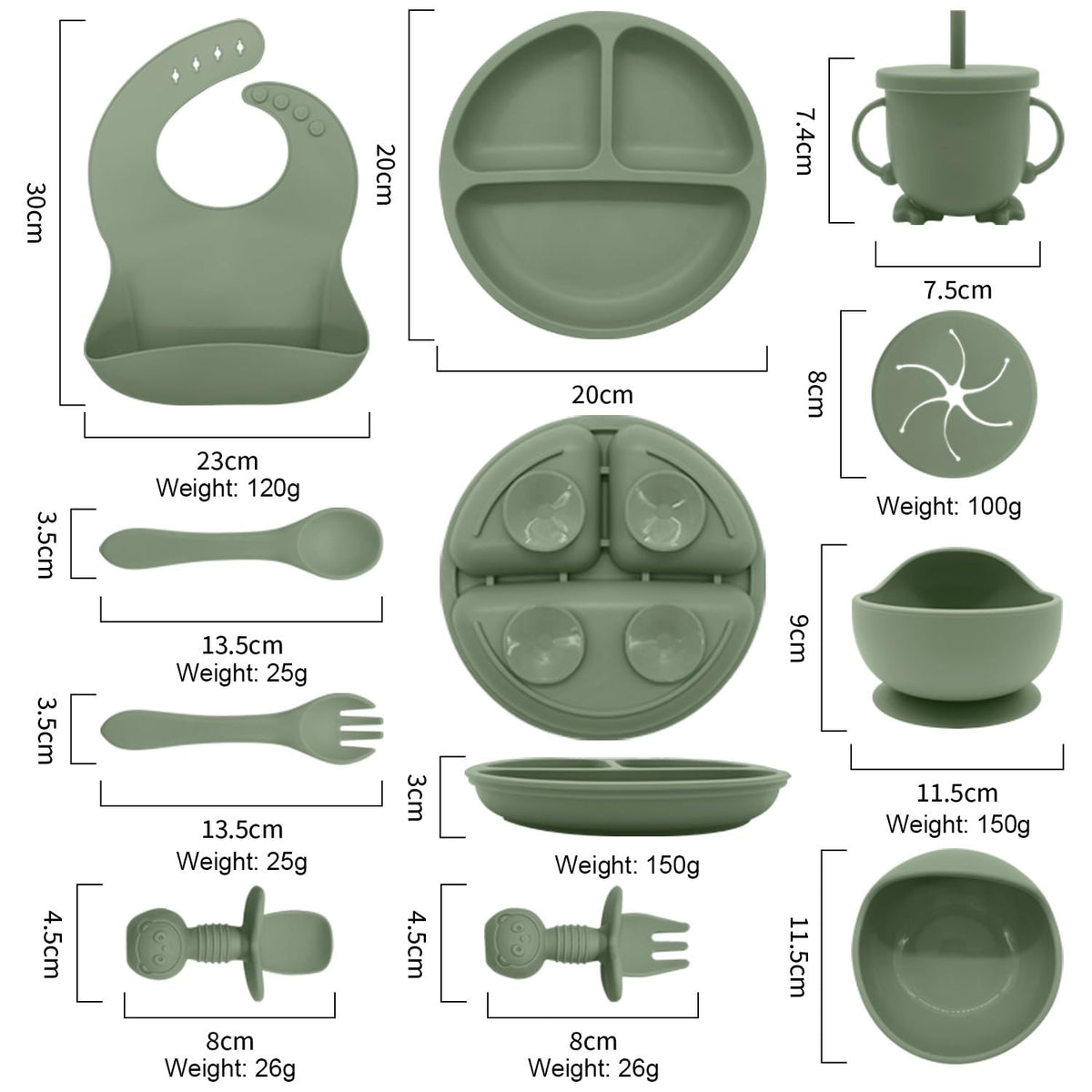 Baby Feeding Set, 2 Pack Silicone Baby Feeding Set with Suction Bowls, Divided Plates, Adjustable Bib, Baby Utensils Spoons, Forks & Cup Complete Baby Eating & Weaning Essentials 16 Pcs (Green & Pink)