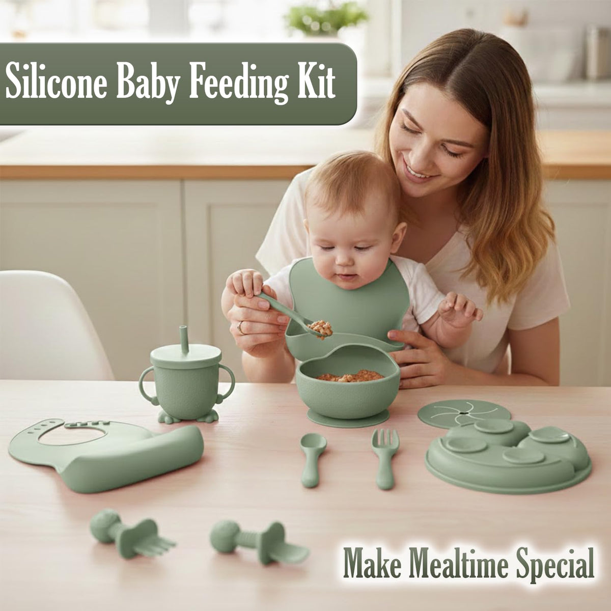 Baby Feeding Set, 2 Pack Silicone Baby Feeding Set with Suction Bowls, Divided Plates, Adjustable Bib, Baby Utensils Spoons, Forks & Cup Complete Baby Eating & Weaning Essentials 16 Pcs (Green & Pink)