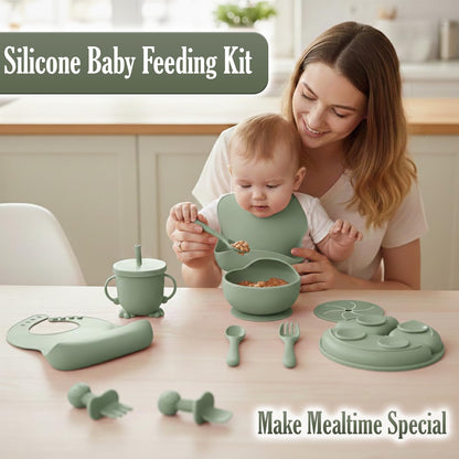 Baby Feeding Set, 2 Pack Silicone Baby Feeding Set with Suction Bowls, Divided Plates, Adjustable Bib, Baby Utensils Spoons, Forks & Cup Complete Baby Eating & Weaning Essentials 16 Pcs (Green & Pink)