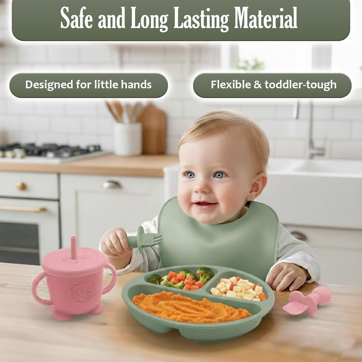 Baby Feeding Set, 2 Pack Silicone Baby Feeding Set with Suction Bowls, Divided Plates, Adjustable Bib, Baby Utensils Spoons, Forks & Cup Complete Baby Eating & Weaning Essentials 16 Pcs (Green & Pink)