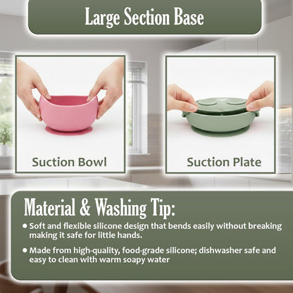 Baby Feeding Set, 2 Pack Silicone Baby Feeding Set with Suction Bowls, Divided Plates, Adjustable Bib, Baby Utensils Spoons, Forks & Cup Complete Baby Eating & Weaning Essentials 16 Pcs (Green & Pink)