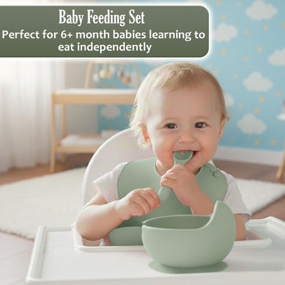 Baby Feeding Set, 2 Pack Silicone Baby Feeding Set with Suction Bowls, Divided Plates, Adjustable Bib, Baby Utensils Spoons, Forks & Cup Complete Baby Eating & Weaning Essentials 16 Pcs (Green & Pink)