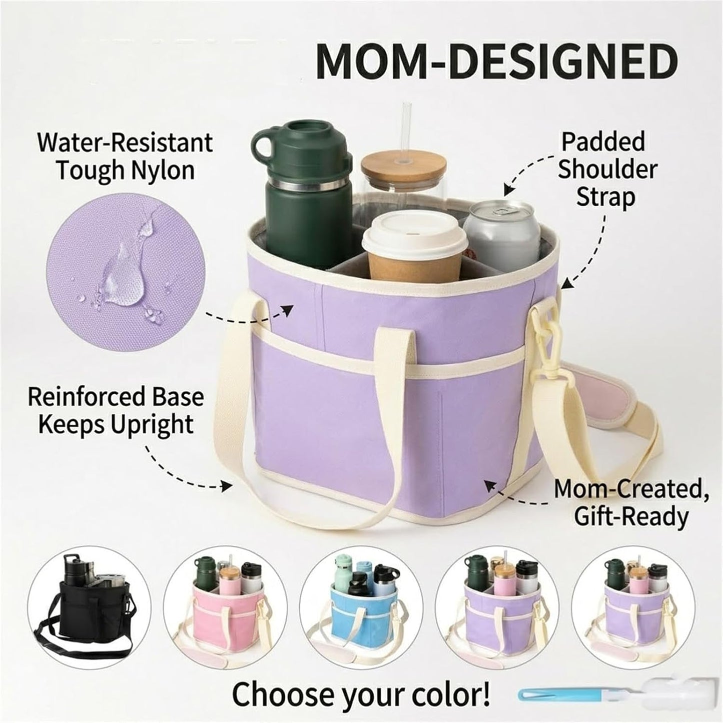 Family Size 4-Compartment Drink Carrier Bag - Insulated No-Spill Tumbler Caddy with Adjustable Strap for Coffee Cups & Outings Outdoor Recreation (Pink)