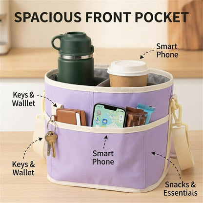 Family Size 4-Compartment Drink Carrier Bag - Insulated No-Spill Tumbler Caddy with Adjustable Strap for Coffee Cups & Outings Outdoor Recreation (Pink)