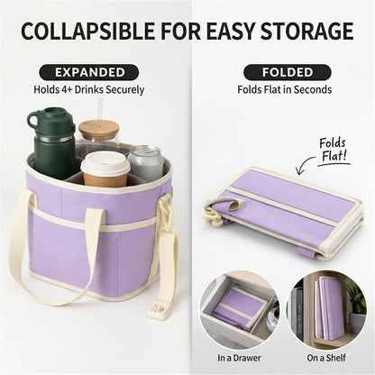 Family Size 4-Compartment Drink Carrier Bag - Insulated No-Spill Tumbler Caddy with Adjustable Strap for Coffee Cups & Outings Outdoor Recreation (Pink)