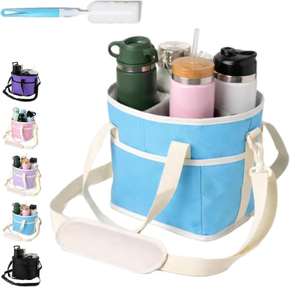 Family Size 4-Compartment Drink Carrier Bag - Insulated No-Spill Tumbler Caddy with Adjustable Strap for Coffee Cups & Outings Outdoor Recreation (Pink)