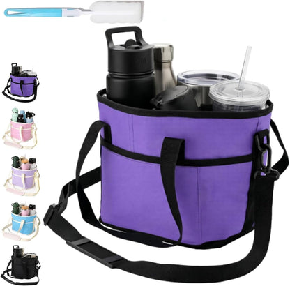 Family Size 4-Compartment Drink Carrier Bag - Insulated No-Spill Tumbler Caddy with Adjustable Strap for Coffee Cups & Outings Outdoor Recreation (Pink)