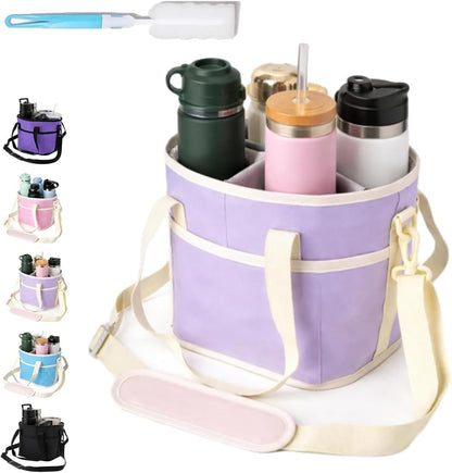 Family Size 4-Compartment Drink Carrier Bag - Insulated No-Spill Tumbler Caddy with Adjustable Strap for Coffee Cups & Outings Outdoor Recreation (Pink)