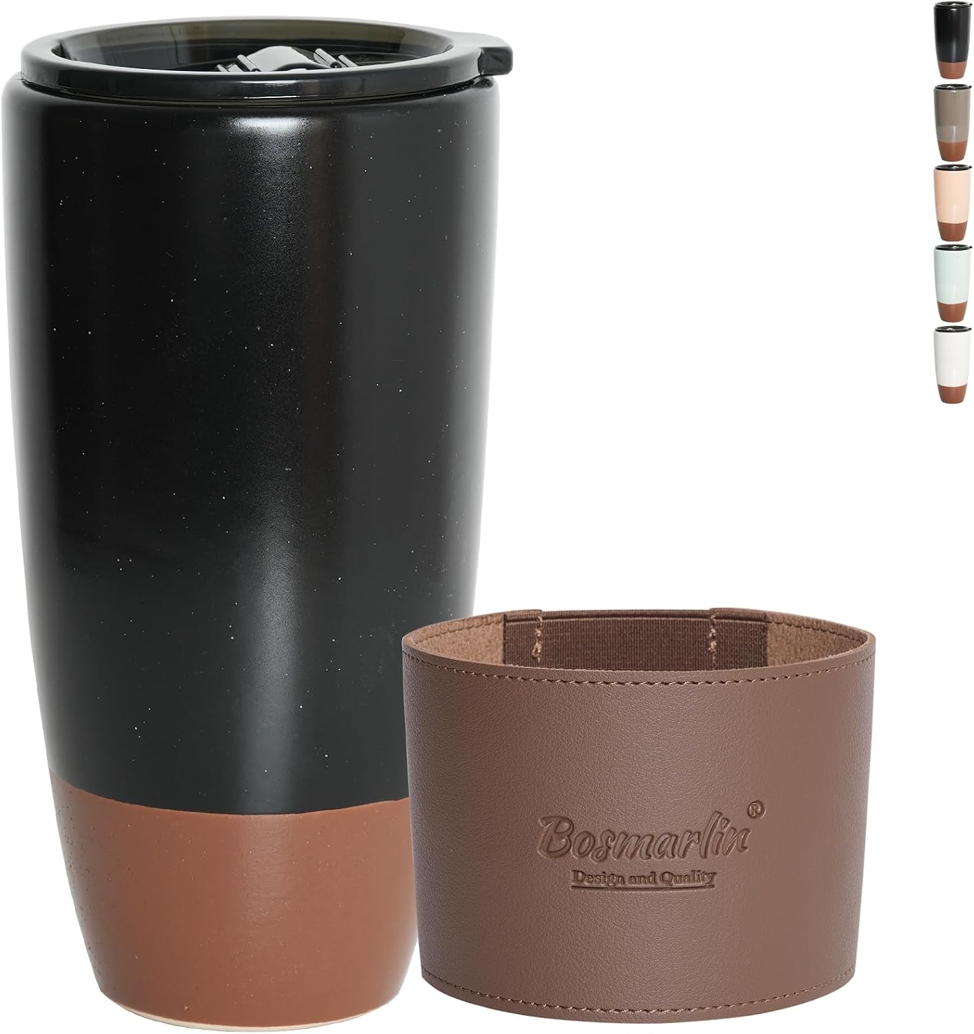 Ceramic Travel Coffee Cup with Lid, 21 oz, Portable Coffee Mug for Car Cup Holder, Microwave and Dishwasher Safe, Reactive Glaze (Grey)