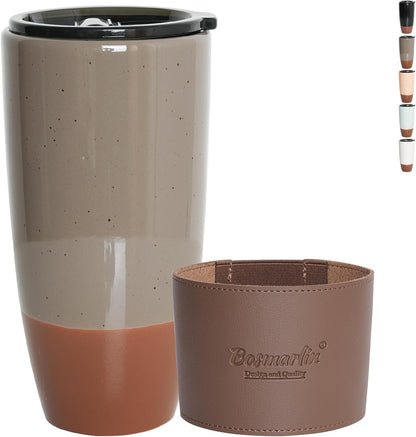 Ceramic Travel Coffee Cup with Lid, 21 oz, Portable Coffee Mug for Car Cup Holder, Microwave and Dishwasher Safe, Reactive Glaze (Grey)